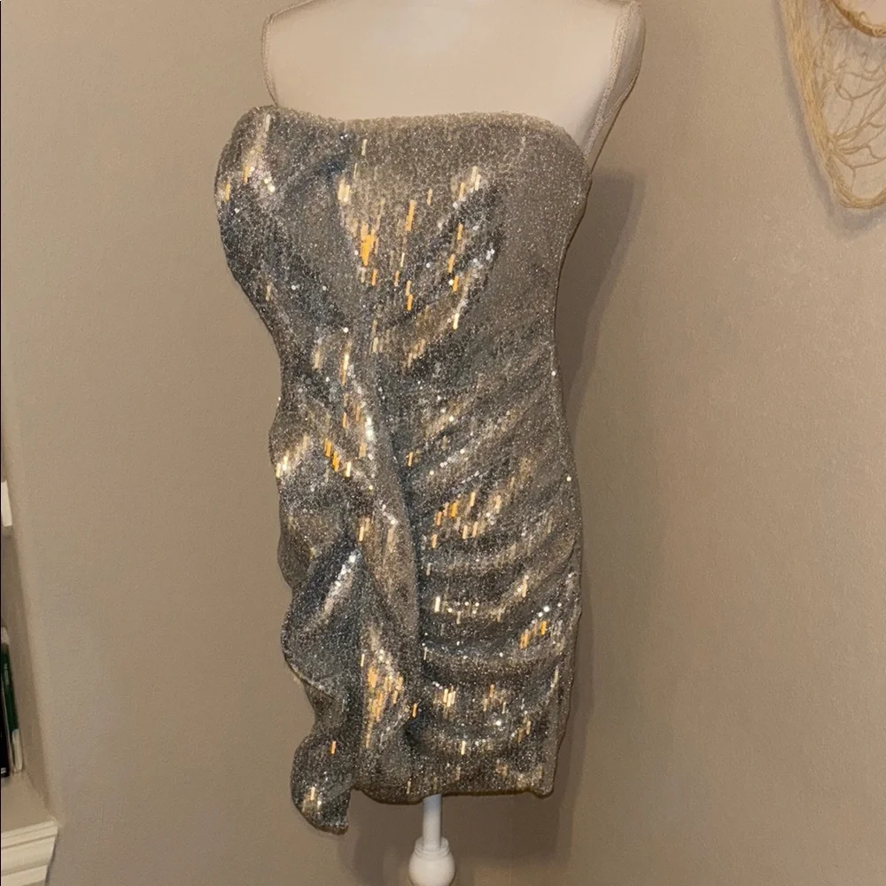 Silver Sequin Strapless Party Dress - Picture 3 of 7